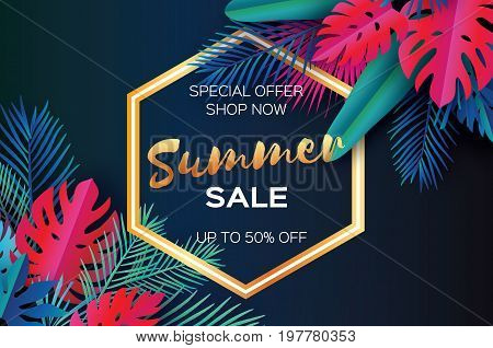 Trendy Summer Sale Template banner. Paper art Tropical palm leaves, plants. Exotic. Hawaiian. Space for text. Hexagon frame. Colorful jungle floral background. Monstera. Vector illustration
