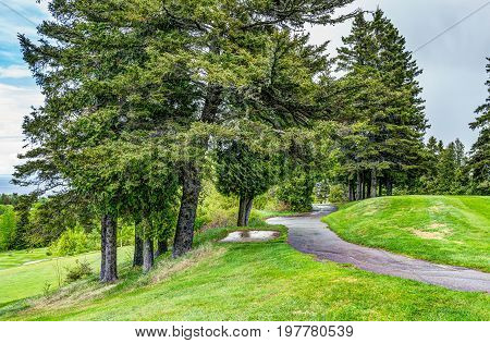 Landscape view of green golf course with hills in summer in La Malbaie Quebec Canada in Charlevoix region