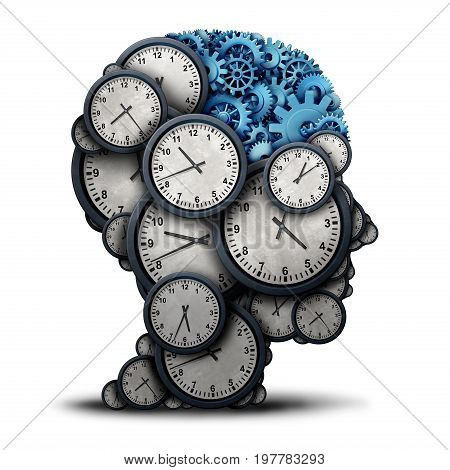 Thinking business time concept as a group of clock objects shaped as a human head with gears and cog wheels as the inside brain as a corporate punctuality and appointment work metaphor or deadline strategy and overtime planning as a 3D illustration.