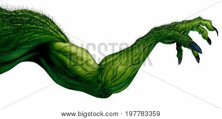 Monster arm isolated on a white background as a grabbing zombie element with pointy nails and muscles as a creepy halloween or scary symbol with textured green skin wrinkled fingers with 3D illustration elements.
