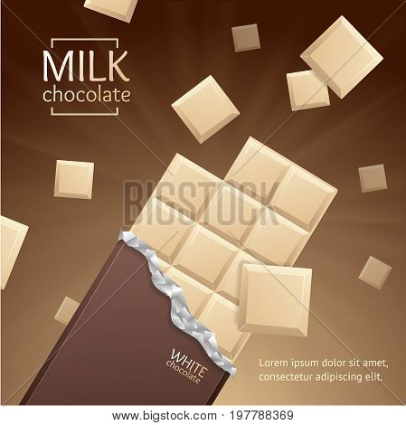 Chocolate Package Bar Blank - White Milk, Pieces on Brown background and Mint Feaf. Vector 3d illustration with Open Paper Pack.
