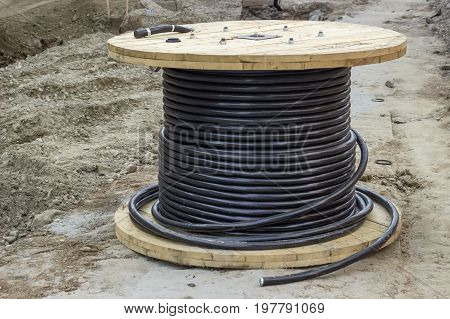 Industrial Underground Cable On Large Wooden Reel