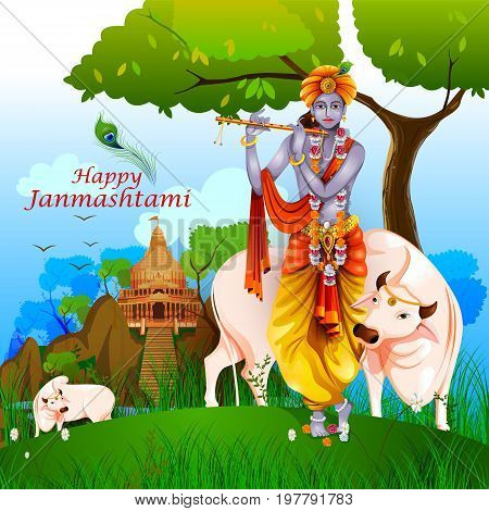 easy to edit vector illustration of Happy Krishna Janmashtami background