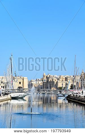VITTORIOSA, MALTA - MARCH 31, 2017 - View of Vittoriosa marina and waterfront with Senglea to the left hand side Vittoriosa (Birgu) Malta Europe, March 31, 2017.