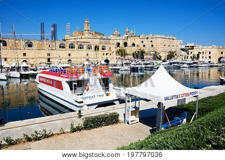 VITTORIOSA, MALTA - MARCH 31, 2017 - Elevated view of Vittoriosa marina with views towards Senglea Vittoriosa (Birgu) Malta Europe, March 31, 2017.