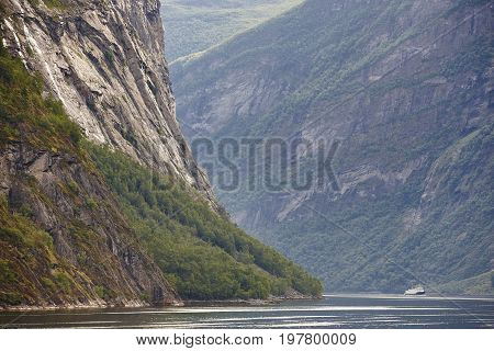 Norwegian fjord landscape. Hellesylt Geiranger cruise travel. Tourism
