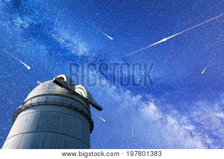 Perseid Meteor Shower In 2017. Falling Stars. Milky Way Observatory
