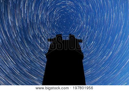 Milky Way. Falling Stars. Comet Mode. Observatory Silhouette