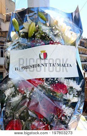 VITTORIOSA, MALTA - MARCH 31, 2017 - Bouquet of flowers presented to the Maltese President during the Freedom day celebrations Vittoriosa Malta Europe, March 31, 2017.