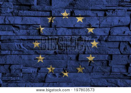 European Union ( EU ) flag painting on high detail of old brick wall . 3D illustration .