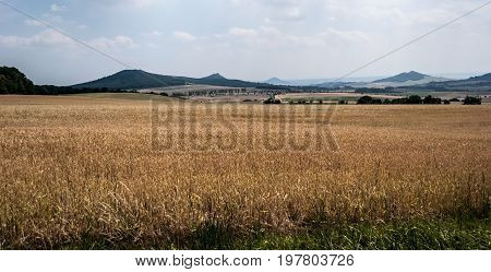 nice landscape of Ceske stredohori mountains from road between Milesov and Kocourov with fields meadow trees and isolated houses in Czech republic near Lovosice city