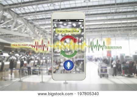 iot internet of things translation technology concept the voice meaning nice to meet you from English translate to Chinese language by application smart phone