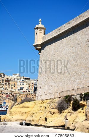 Corner tower on Fort Saint Angelo with views towards Valletta Vittoriosa (Birgu) Malta Europe.