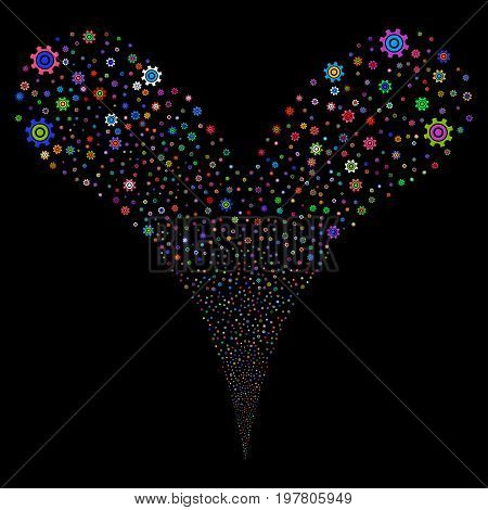 Cogwheel explosive stream. Vector illustration style is flat bright multicolored iconic cogwheel symbols on a black background. Object fountain done from random pictograms.