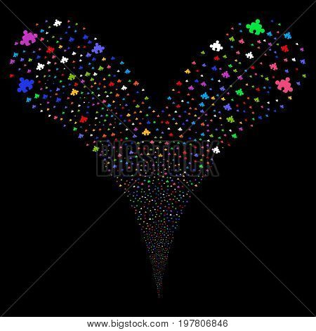 Component source stream. Vector illustration style is flat bright multicolored iconic component symbols on a black background. Object fountain combined from random design elements.