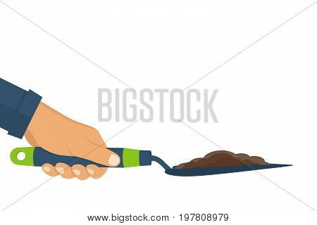 Garden shovel with soil hold in hand of gardener. Gardening, griculture, planting concept. Vector illustration flat design.Isolated on white background. Cultivating ground. Dig ground.