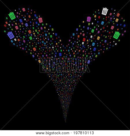 Dustbin salute stream. Vector illustration style is flat bright multicolored iconic dustbin symbols on a black background. Object fountain made from random pictograms.