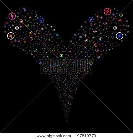 Electric Power explosive stream. Vector illustration style is flat bright multicolored iconic electric power symbols on a black background. Object fountain created from random icons.