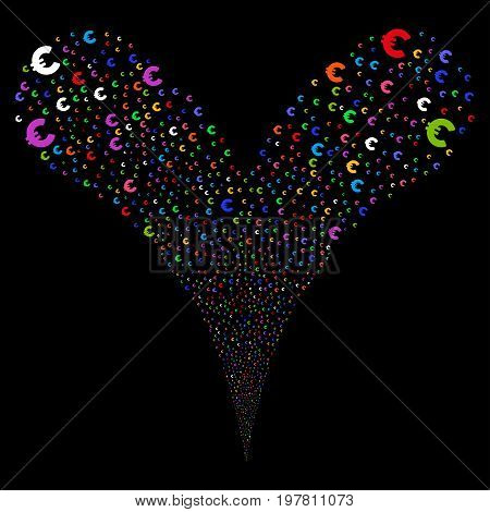 Euro explosive stream. Vector illustration style is flat bright multicolored iconic euro symbols on a black background. Object fountain constructed from random design elements.