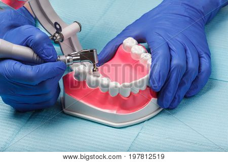 dental and endodontic instruments on the napkin. Top view