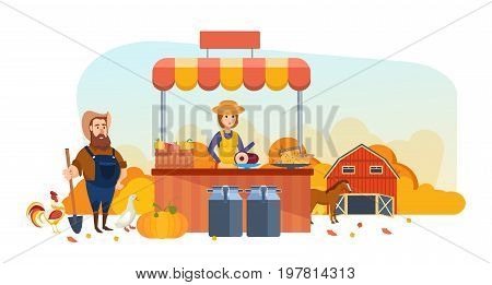 Autumn organic health shop. Pure natural food, agriculture, clean environment, farming, shopping. Cashier sells products, next to farmer. Autumn farmer market. Vector illustration in cartoon style.