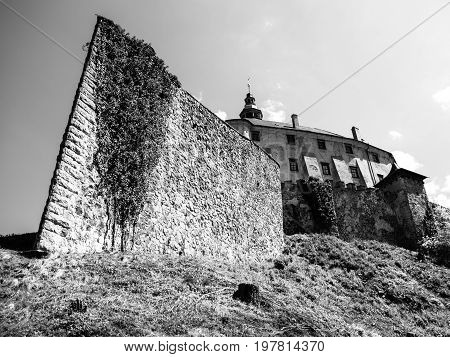 Frydlant v Cechach - Gothic castle and Renaissance chateau with massive fortification in northern Bohemia, Czech Republic. Black and white image.