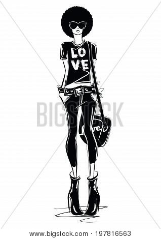Fashion stylish original hand-drawn graphic with beautiful young girl model for design . Graphic drawing sketch with woman.