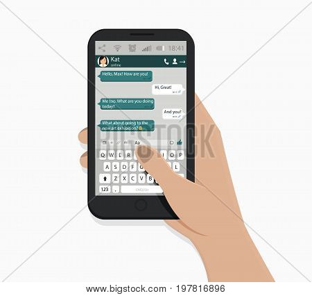 Hand holding smartphone. Vector illustration. White background. Green speech bubbles. Chating and messaging concept.
