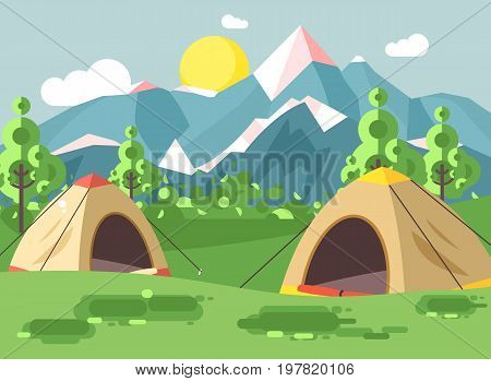 Stock vector illustration cartoon nature national park landscape with two tents camping hiking rules of survival bushes, lawn, trees, daytime sunny day, outdoor background of mountains in flat style