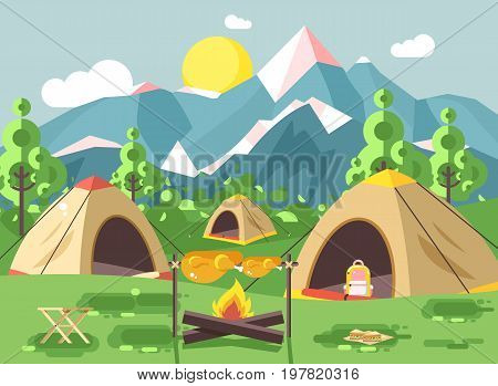 Stock vector illustration nature national park landscape three tents bonfire, chicken fried sandwiches, snack, food, backpack, camping hiking daytime sunny day, outdoor background mountains flat style