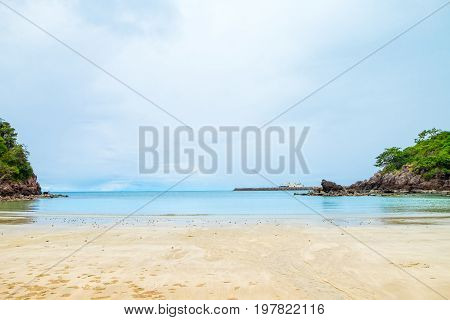 Beach Sand And Sea With Rock,landscape View Of Sea,summer Concept