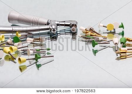 dental and endodontic instruments on the mirror. Top view
