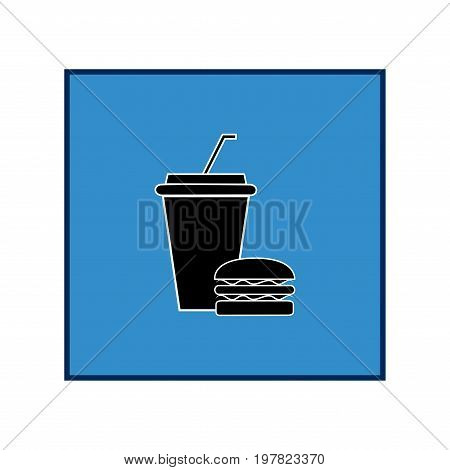 Fast food and drink icon. Silhouette hamburger and cup in blue square. Sign meal on white background. Label quickly dinner. Symbol fast food for posterbanner. Design lement. Vector illustration.