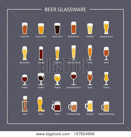 Beer glassware guide flat icons on dark background. Vector illustration