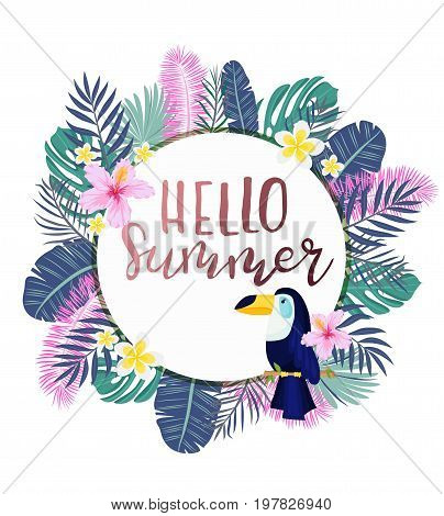 A Tropical Card With Palm Leaves And Exotic Flowers. Summer Jungle Design Is Ideal For Flyers, Postc