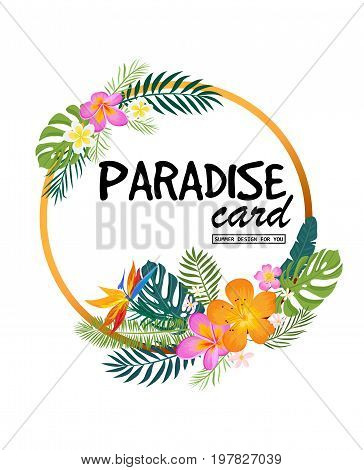 A Tropical Card With Palm Leaves And Exotic Flowers. Summer Jungle Design Is Ideal For Flyers, Postc