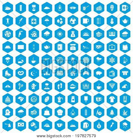 100 coffee cup icons set in blue hexagon isolated vector illustration
