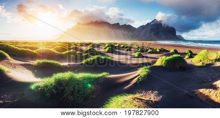 Fantastic west of the mountains and volcanic lava sand dunes on the beach Stokksness, Iceland