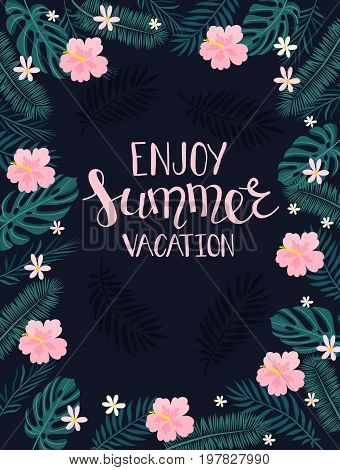 A Tropical Card With Palm Leaves And Exotic Flowers. Summer Jungle Design Is Ideal For Flyers, Postc