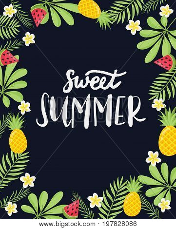 A Tropical Card With Palm Leaves And Exotic Flowers. Summer Jungle Design Is Ideal For Flyers, Postc
