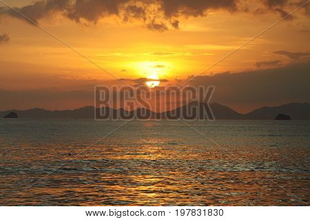 Vacations in Thailand, Krabi. Beauty of orange sunset.