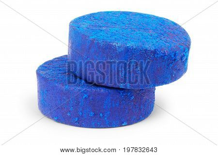 Blue soluble toilet cistern cleaning blocks studio isolated