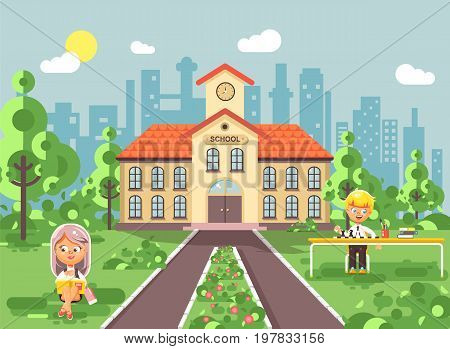 Stock vector illustration back to school character schoolgirl schoolboy pupil sitting on grass near trees bushes exterior schoolyard read book doing homework play chess gymnasium background flat style.