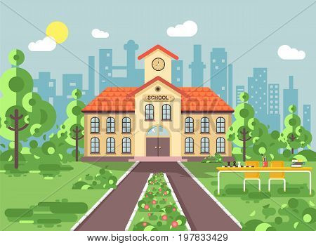 Stock vector illustration back to school architecture two-story building with porch, clock on tower, trees bushes exterior schoolyard table for chess background in flat style video design element