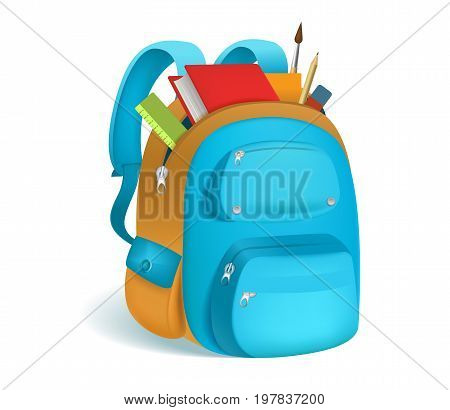 Colorful schoolbag with school supplies. 3d backpack with zippers isolated on white background. Vector illustration. Eps 10.