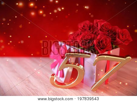 birthday concept with red roses in gift on wooden desk. 3D render - fifty-seventh birthday. 57th