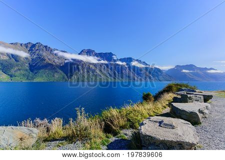 Beautiful scenic lookout at Lake Wakatipu in Queenstown South Island of New Zealand