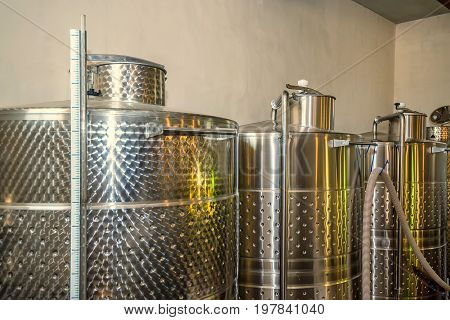 Modern winery plant with fermentaion stainless tanks for wine production