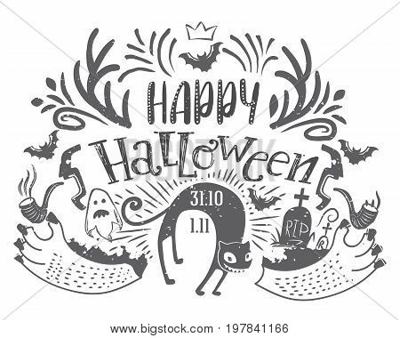 Happy Halloween lettering greeting card with Horns, ghost, wild cat, grave. Hand drawn typography for horror holiday