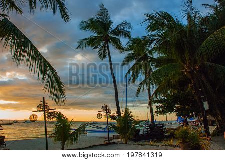 Beautiful Tropical Landscape With Palm Trees In The Evenin. Boracay, Philippines